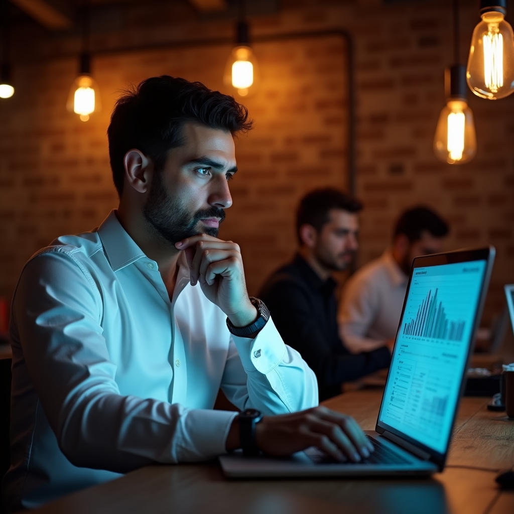 Angajat care cercetează date salariale pe laptop